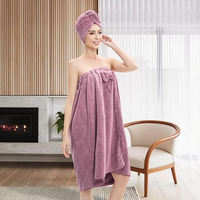 Bath Wrap Towels for Women – Adjustable Spa Shower Wrap with Super Absorbent Microfiber, Quick-Dry Body & Hair Towel Set for Home, Hotel, Beach, Pool, Gym, Travel – Purple