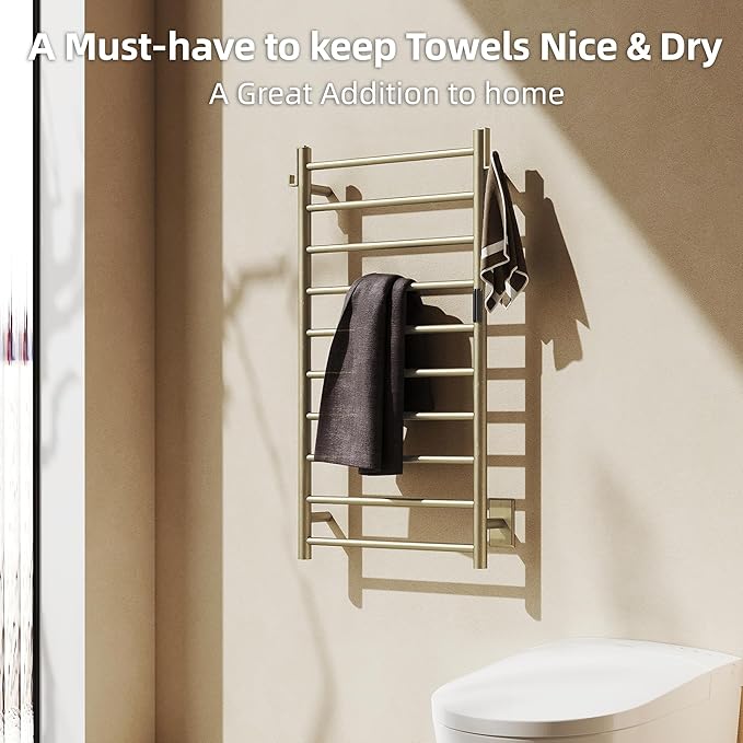 P&Dlusir Towel Warmer, Heated Towel Rack with Smart Timer and Thermo Control, Wall-Mounted Heated Towel Rail, Stainless Steel, Hard-Wired/Plug-in, Brushed Gold, 10 bar