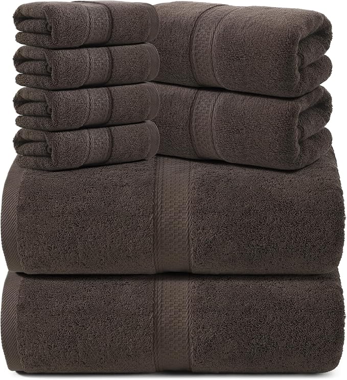 REDKISS Towels 8 Piece Luxury Bath Towel Set, 2 Bath Sheets (35x70 in), 2 Hand Towels, 4 Washcloths, 100% Cotton Super Absorbent & Quick-Dry Shower Towels for Bathroom Spa Gym Hotel Yoga - Brown
