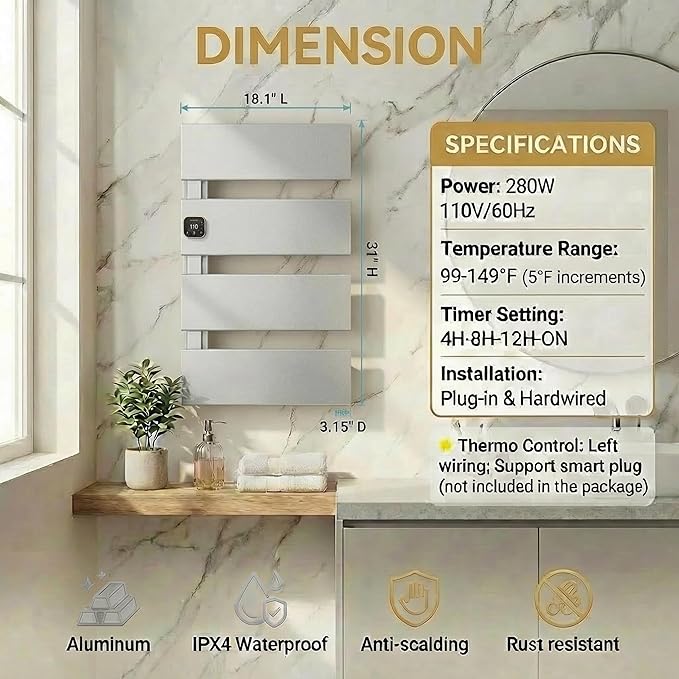 Electric Towel Warmer, Heated Towel Rack with Thermo Control and Timer, Fast Heating Towel Rail for Bathroom with Memroy Function, Work with Smart Plug, Left-Wiring, 4 Panel, Silver