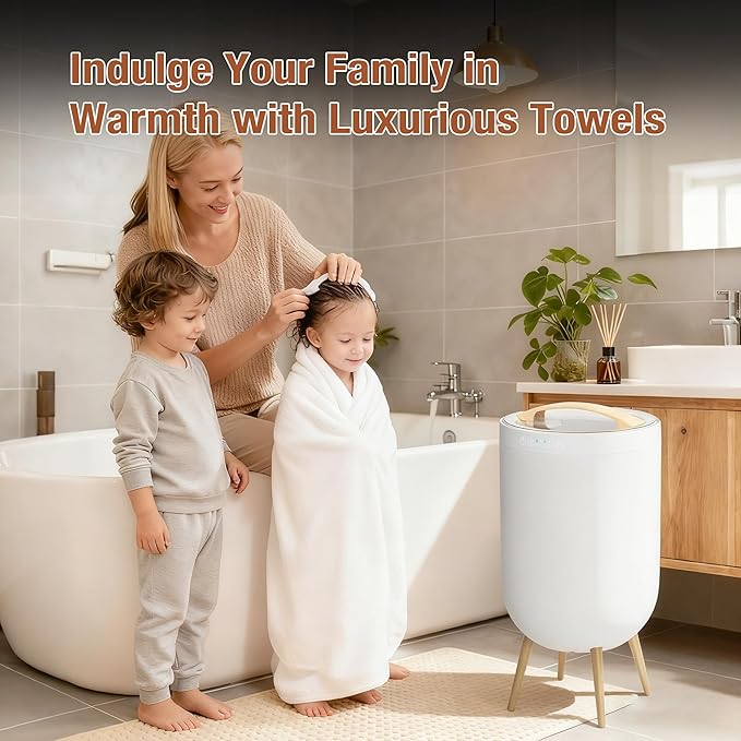 Luxury Towel Warmer Bucket, 23L Large Towel Warmers for Bathroom, with Stand, Ambient Light, Auto Shut Off, Relaxation Mode, Fits Three 40"x70" Towels, Bathrobes, Blankets, Great Gift Idea - White