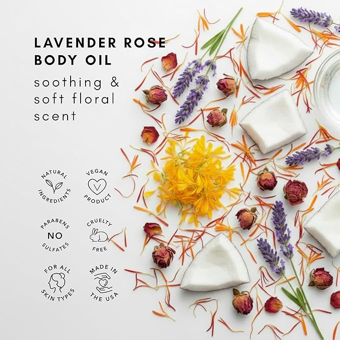 Olivia Care Body Oil Lavender Rose Vegan & Natural Perfume Oil For Women | Hydrating After Bath Oil- Infused with VITAMIN E, K & Omega Fatty Acids - Reduce Dry Skin, Anti-Aging (Lavender Rose)