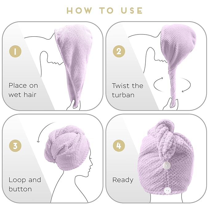 SimpleField 2 Pack Microfiber Hair Towel Wrap for Women, Anti Frizz Quick Drying Hair Turban for All Hair Style, Absorbent and Lightweight (Light Purple)