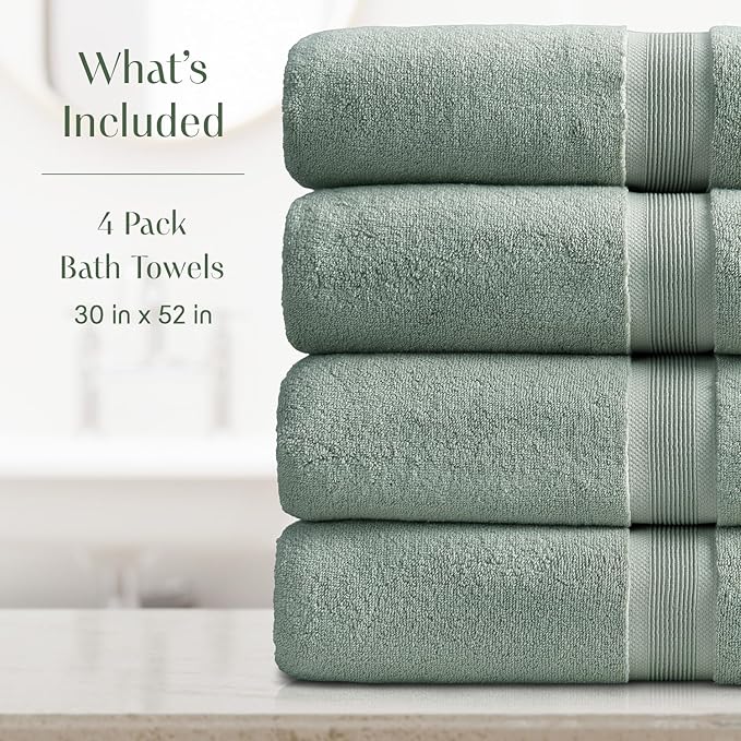 Springtree Home Luxury Bamboo Rayon Bath Towel Set of 4 | 35% Bamboo Rayon - 65% Cotton | Absorbent Quick-Dry Towels for Bathroom | Oeko-TEX Standard 100 Cotton | Eucalyptus