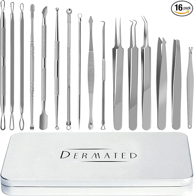 16 Pcs Blackhead Remover Tools 410 Grade Stainless Steel | Pimple Popper Tool Kit | Stainless Steel Professional Pimple Extractor Tool Kit for Blackheads, Comdone, Acne, Zit, and Whiteheads