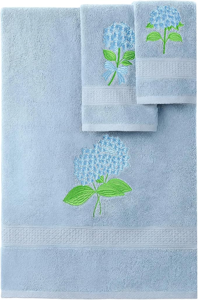 3 Pcs Hydrangea Floral Bathroom Towel Set Farmhouse Embroidered Hydrangea Floral Towels Vintage Decorative 100% Cotton Bath Towel Highly Absorbent Elegant Decor Set for Bathroom