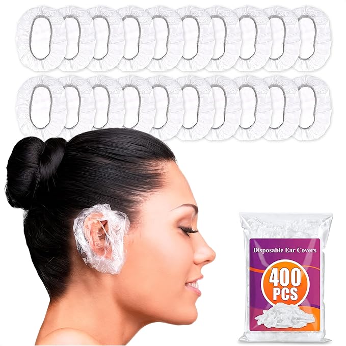 400 Pcs Ear Shower Covers – Disposable Ear Covers for Hair Dye – Stretchable, Water-Resistant, Lightweight, & Durable Plastic | Comfortable for Home, Spa, Travel, Hotel, & Hair Coloring Sessions