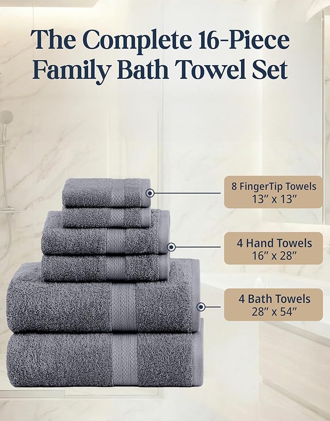 LANE LINEN 100% Cotton Towels Set for Bathroom - 16 Piece Family Pack - Soft, Absorbent & Quick Dry - 4 Bath, 8 Washcloths, 4 Hand Towels - OEKO TEX Certified, Machine Washable & Durable - Cool Grey