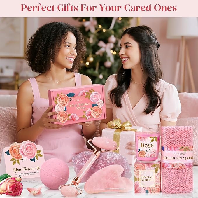Mothers Day Gifts for Mom, Women, Wife, Teen Girls - Gua Sha & Jade Roller Facial Tools Gifts Set, Self Care Spa & Bath Gift Baskets for Women, Christmas, White Elephant, Birthday Gift