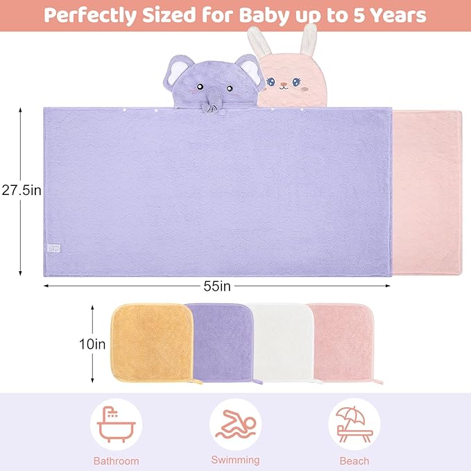 6 PCS Toddler Bath Towel Set for Boy Girl 0-5 Year, 2 PCS Thick Absorbent Hooded Baby Bath Towels Large 55" x 27.5" & 4 PCS Washcloths, Ultra Soft Gifts for Infant, Toddler, Kids, Rabbit & Elephant