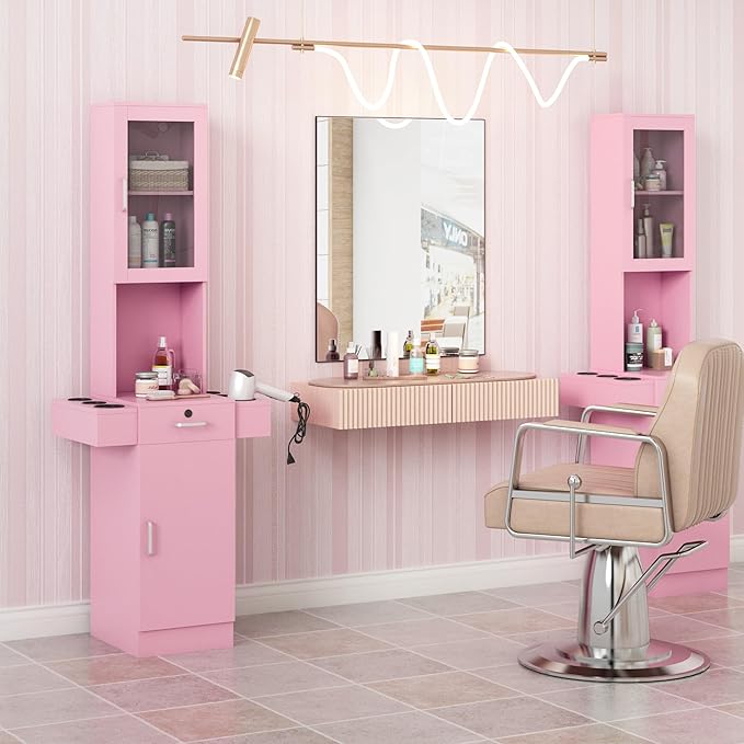 RESHABLE Salon Station for Hair Stylist,Hair Styling Storage Cabinet with Glass Door,Tool Dryer Holders, Salon Beauty Spa Barber Hair Staion, Pink