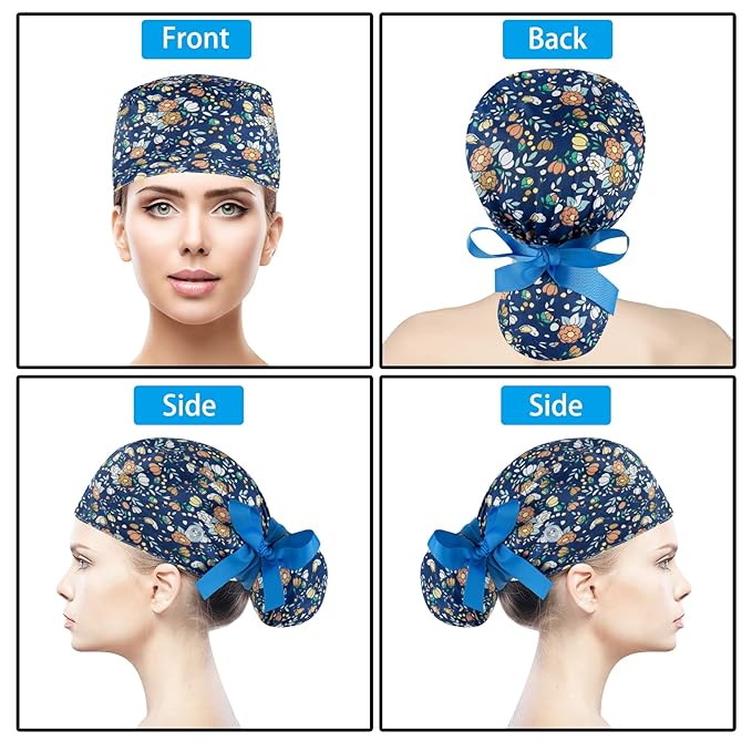 Scrub Caps Women Bouffant Scrub Hats Caps Nurses, Adjustable Working Cap Ponytail Pouch Tie Back Hats