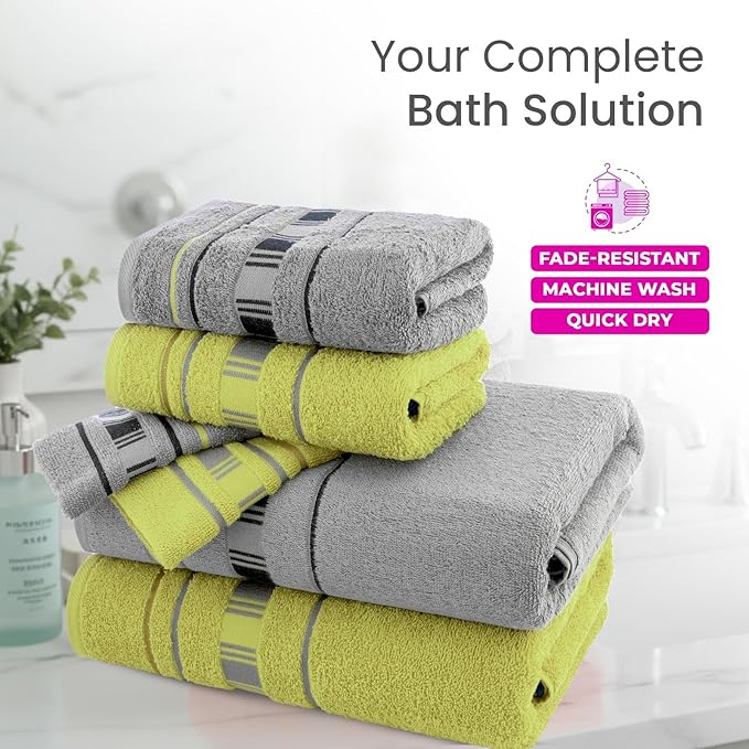 CASA COPENHAGEN X Line 6Pcs 100% Egyptian Cotton Large Designer Towels Gift Set- Grey - Green, 600 GSM, 2Bath 2Hand 2Washcloths, Bath Towels for Bathroom Set for Women & Men