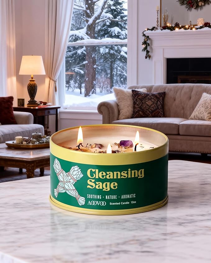 AOOVOO Sage Candle for Cleansing - 3 Wick 12oz Large Scented Candle with Crystals & Sage Leaves Inside, Soy Candles Non Toxic for Spiritual Gift, Aromatherapy Candle for Women Men Mother‘s Day