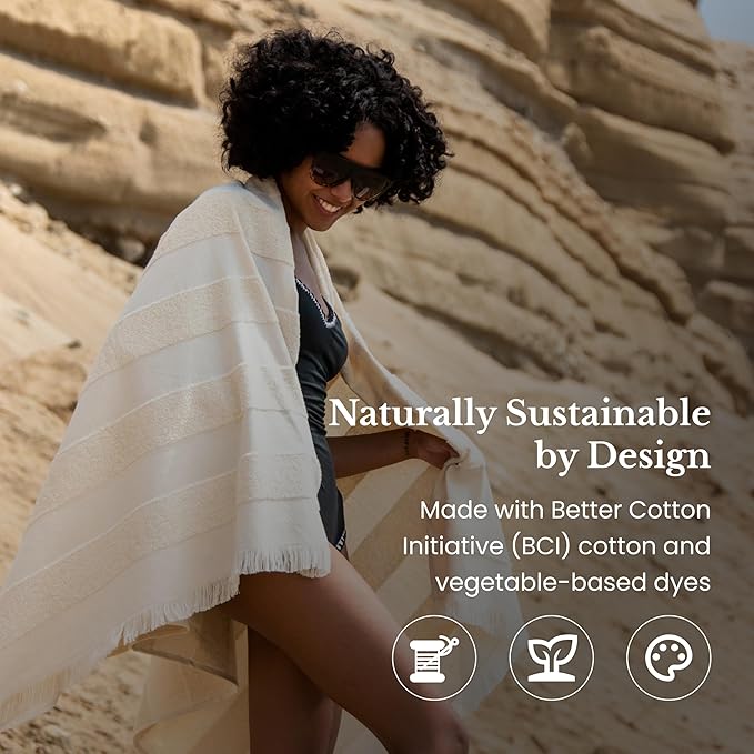 Lightweight Turkish Beach Towel - 100% BCI Cotton, Unbleached Raw Fringe, Oeko-TEX Certified, Absorbent, Eco-Friendly, 36x66”, Natural Stripes, Portable Sarong Blanket for Pool, Travel