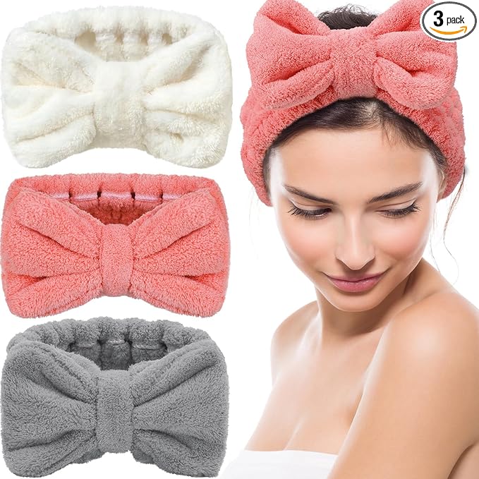 3 Pieces Towel Headbands for Women Makeup Headband for Washing Face Makeup Spa Headband, Microfiber Bowtie Shower Headband for Women (Light Coral, Grey, White)