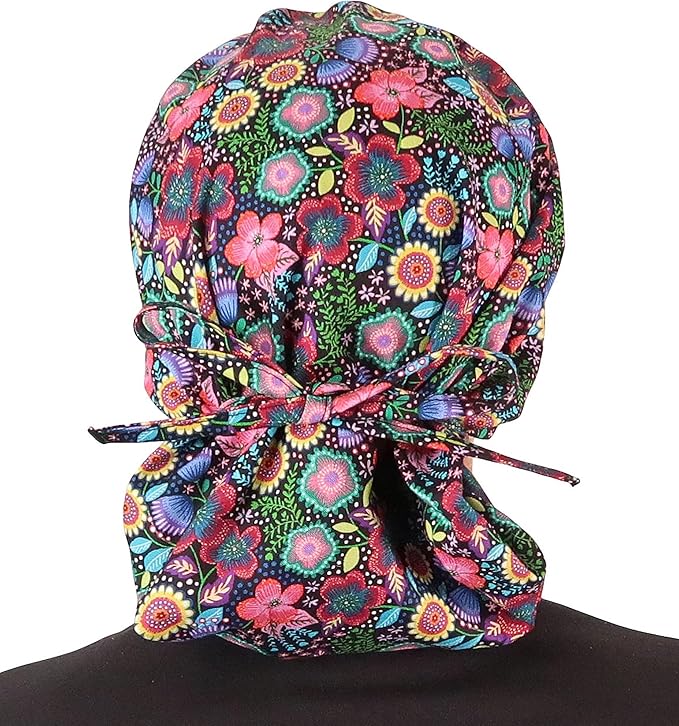 Sparkling EARTH Banded Bouffant Surgical Scrub Ponytail Working Caps and Built-in Sweatband - 100% Cotton - Made in The USA
