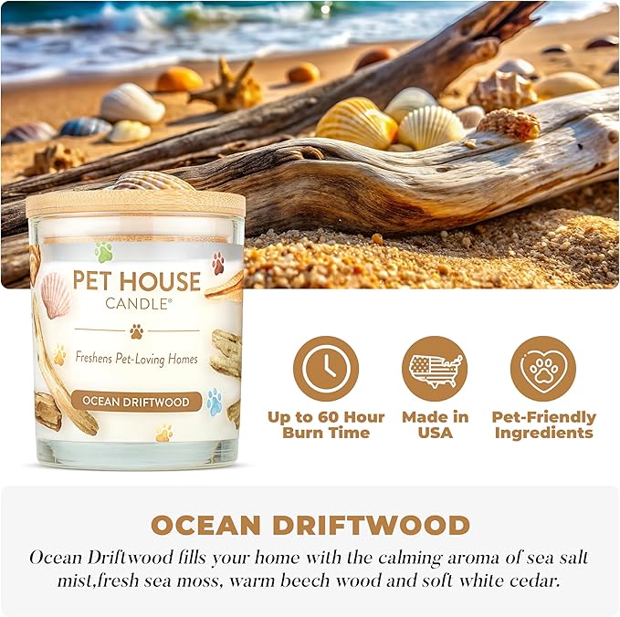 Pet House Candles, Clean Long-Burning, Scented Pet Friendly Candles, Plant-Based, 60 Hour Burn Time - Ocean Driftwood, 9 oz