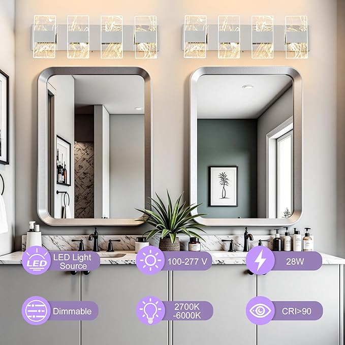 Modern LED Bathroom Light Fixtures Dimmable 4-Light Chrome Vanity Light, 5CCT Adjustable Lighting Fixture Vanity Lights Over Mirror, Smoked Acrylic LED Vanity Lights for Bathroom