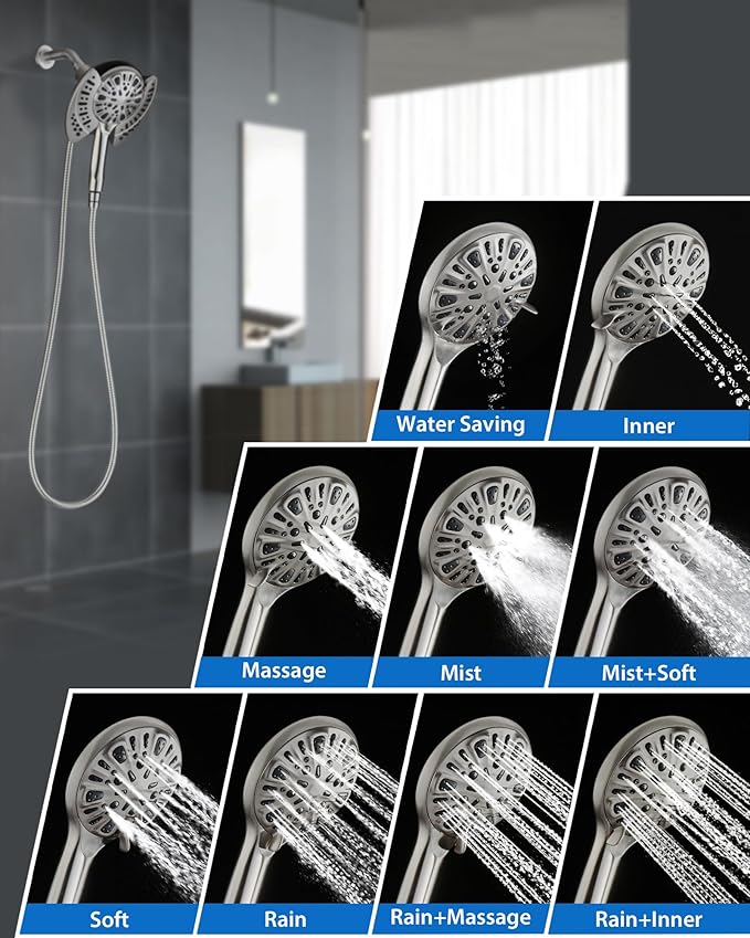 INAVAMZ 2-in-1 Shower Head with Handheld Combo: 2.5GPM Rainfall Shower Head & Detachable Shower Head Use Together or Alone, 9 Spray Settings Hand Held Showerhead with Hose, Nickel