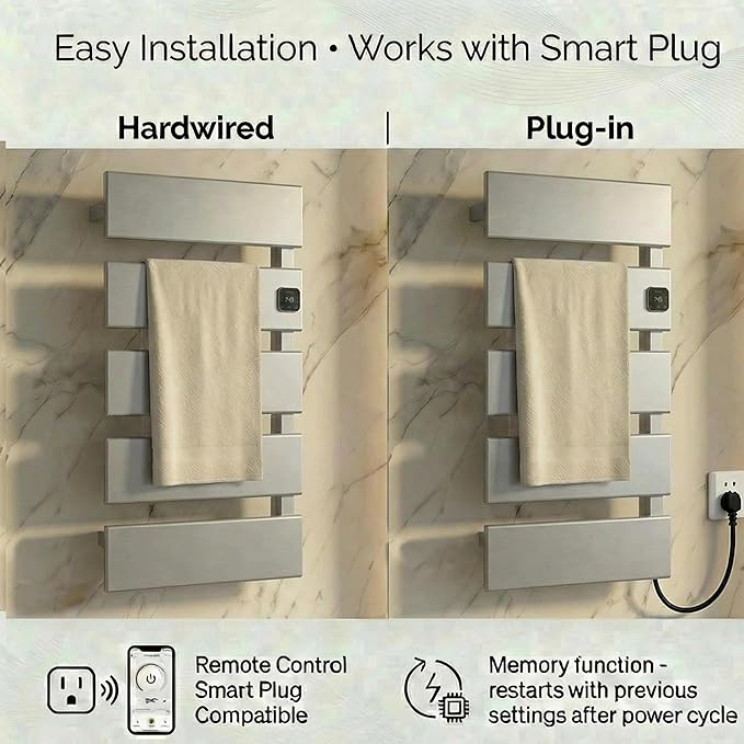 Electric Towel Warmer, Heated Towel Rack with Thermo Control and Timer, Fast Heating Towel Rail for Bathroom with Memroy Function, Work with Smart Plug, Right-Wiring, 5 Panel, Silver