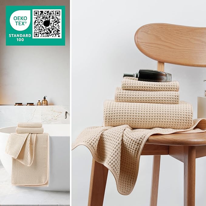 MICROFI New Microfiber Waffle Bath Towels, 3 Pieces, Oversized, Soft, Absorbent, Fast Drying, Lint Free, Includes Bath, Face and Hand Towels 430 GSM (Champagne)