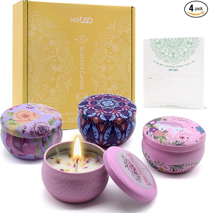Scented Candles Gift Set for Women 4 Pack Soy Wax Candles with Dried Flowers Reusable Tin Aromatherapy Relaxation Gift for Birthday Mothers Day Valentines Day