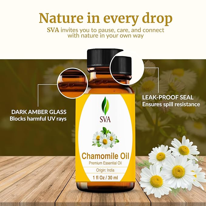 SVA Chamomile Essential Oil – 1 Fl Oz – 100% Natural Chamomile Oil - for Diffuser, Hair Care, Face, Skin Care, Aromatherapy, Scalp and Body Massage, Soap and Candle Making – with Dropper