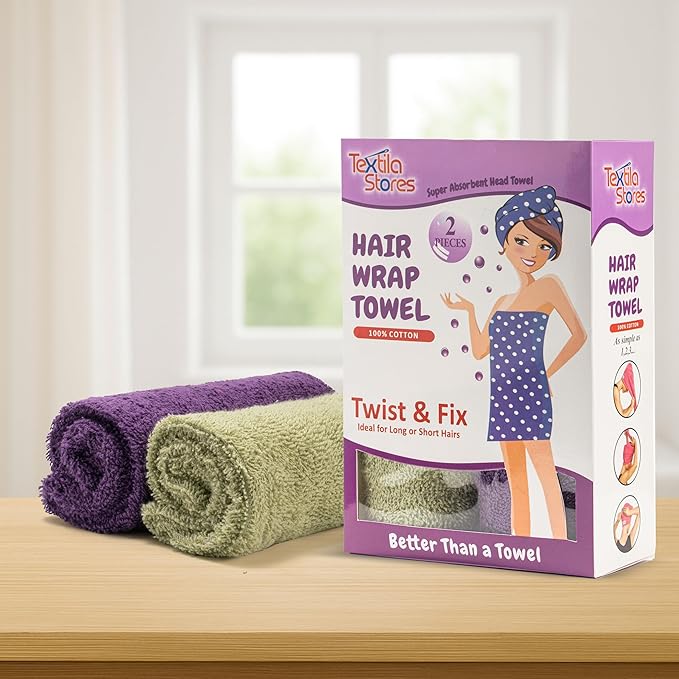Textila 100% Cotton Hair Wrap Towels for Women (Pack of 2, Plum & Green) – Soft & Absorbent Turban Towels for Long, Curly, Frizz-Prone Hair