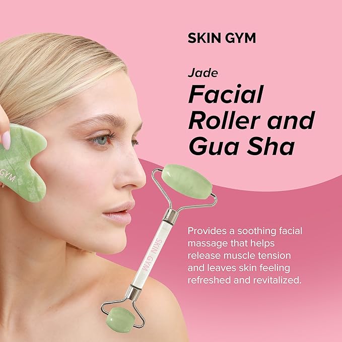 Skin Gym Jade Facial Roller & Gua Sha Tool Workout Set, Revitalizing Skincare for Enhanced Glow & Smooth Skin