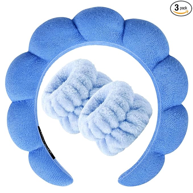 Zkptops Spa Headband for Washing Face Wristband Set Sponge Makeup Skincare Terry Cloth Bubble Soft Get Ready Hairband for Women Girl Puffy Padded Headwear Non Slip Thick Hair Accessory(Dark Blue)