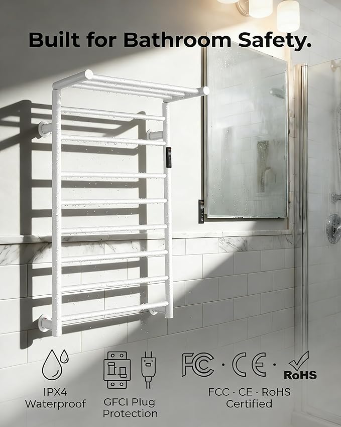 Foldable Heated Towel Rack, Dual-Zone Electric Towel Warmer Rack with Timer, GFCI Plug-in or Hardwired, Wall-Mounted, Drill-Free Installation, Matte White, CA3-1100X550-Standard-MW