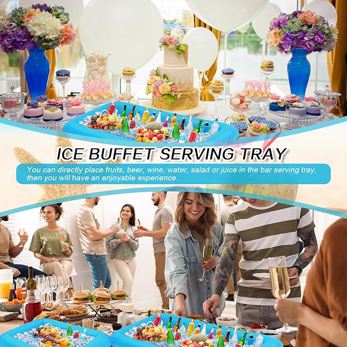 Leitee 4 Pcs Inflatable Ice Serving Bars Buffet Serving Tray Drink Cooler for Pool Party Inflatable Ice Tray Floating Food Drink Containers with Drain Plug and a Hand Pump, 2 Sizes (Blue)
