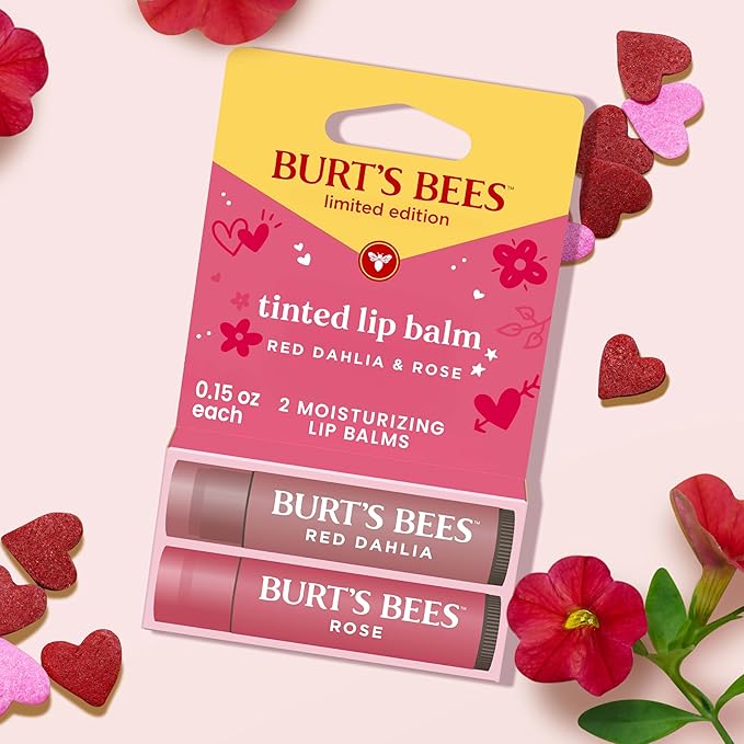 Burt's Bees Lip Tint Balm, Mothers Day Gifts with Long Lasting 2 in 1 Duo Tinted Balm Formula, Color Infused with Hydrating Shea Butter, Red Dahlia + Rose (2-Pack)