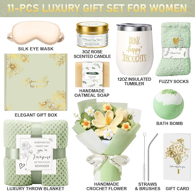 Birthday Gifts for Women, Gift Baskets for Women Self Care Spa Set, Get Well Care Package Inspirational Relaxation Mothers Day Gifts with Crochet Flower Bouquet for Mom Friend Sister