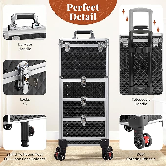 Rolling Makeup Train Case with 3 Drawers, Nail Trolley Cart Salon Station Cosmetology Case on Wheels Organizer Cases for Nail Tech,SPA,Face Painting,Hairstylist,Makeup Artist (Silver & Black)