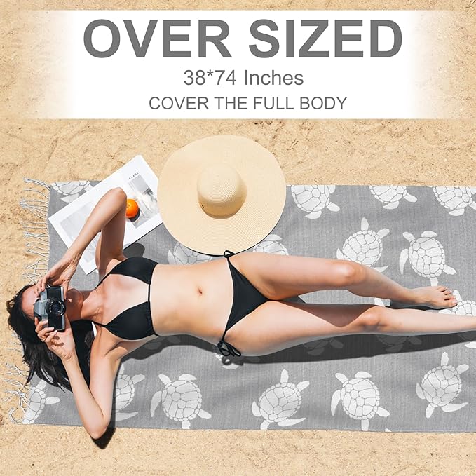 Genovega Oversized Cotton Turkish Beach Towels 72"x36" Lightweight Quick Dry Sandless Pool Swim Towel Large No Sand Compact Blanket Adult Travel Essentials Cruise Accessories Must Haves Grey Turtle