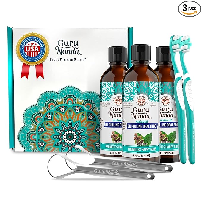 GuruNanda CocoMint Oil Pulling Mouthwash for Complete Oral Hygiene, 7 Essential Oils & Vitamins for Happy Teeth & Gums & Fresh Breath, with 2 Toothbrushes & 2 Tongue Scrapers, Alcohol-Free, 3X8 oz