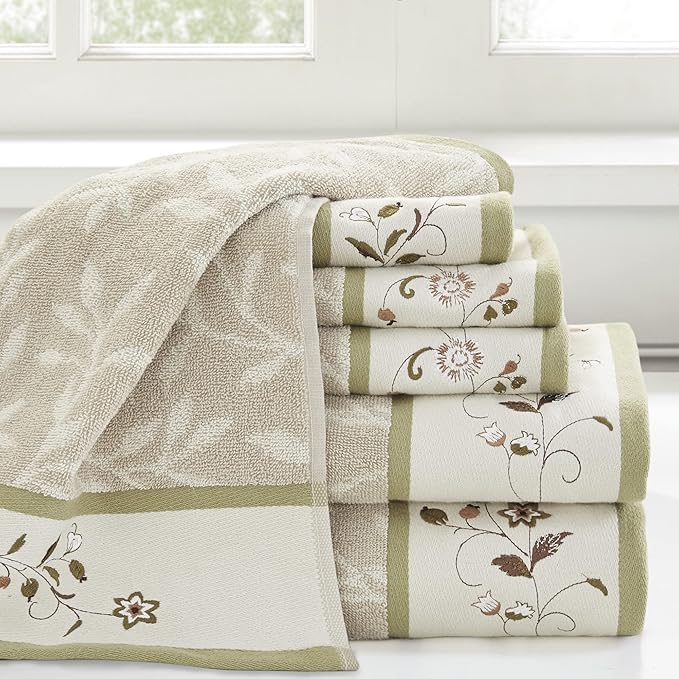 Madison Park Serene 100% Cotton Bath Towel Set Luxurious Floral Decorative Towels for Bathroom Embroidered Cotton Jacquard Design Soft Highly Absorbent for Shower 600 GSM, Multi-Sizes, Green 6 Piece