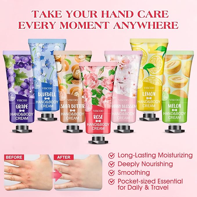 VISCOO 7 Pack Hand Cream Gifts Set for Women, Mothers Day Gifts, Teacher Appreciation Gift, Nurses Week Gift, Bulk Gifts for Women, Moisturizing Mini Hand Lotion Travel Size for Dry Cracked Hands