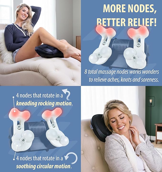Zyllion Shiatsu Back and Neck Massager with Heat - 3D Electric Kneading Deep Tissue Massage Pillow with 8 Massaging Nodes for Muscle Pain Relief, Black, ZMA-25