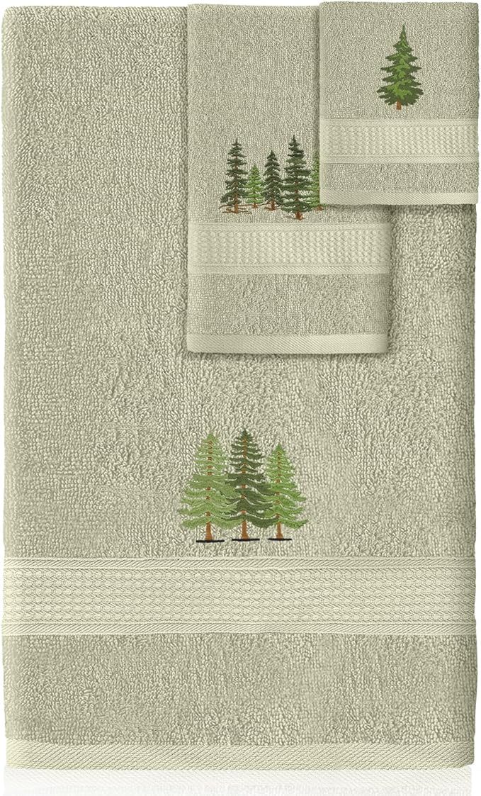 3 Pcs Rustic Pine Trees Bathroom Towel Set Farmhouse Embroidered Pine Trees Towels Vintage Decorative 100% Cotton Bath Towel Highly Absorbent Elegant Summer Decor Set for Bathroom