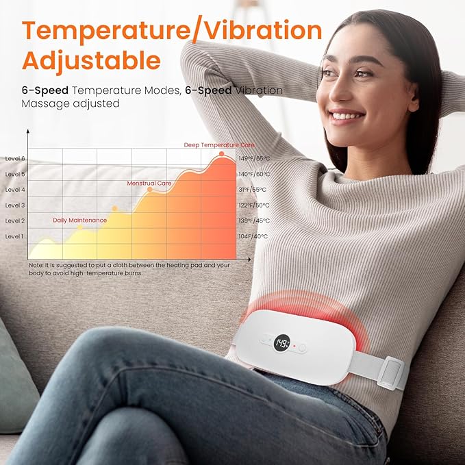 NOWWISH Heating Pad for Period Cramps Pain Relief, Portable Electric Cordless Menstrual Heating Pad Rechargeable with 6 Heat Levels and 6 Massage Modes, Mothers Day Gifts for Mom Daughter Wife, White