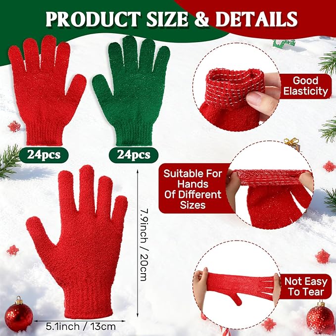 48 Pcs Red and Green Exfoliating Gloves Shower Gloves Bulk Christmas Stocking Stuffing Gifts Double Sided Body Scrub Exfoliate Glove for Women & Men Bath Shower Beauty Spa Massage Scrubber