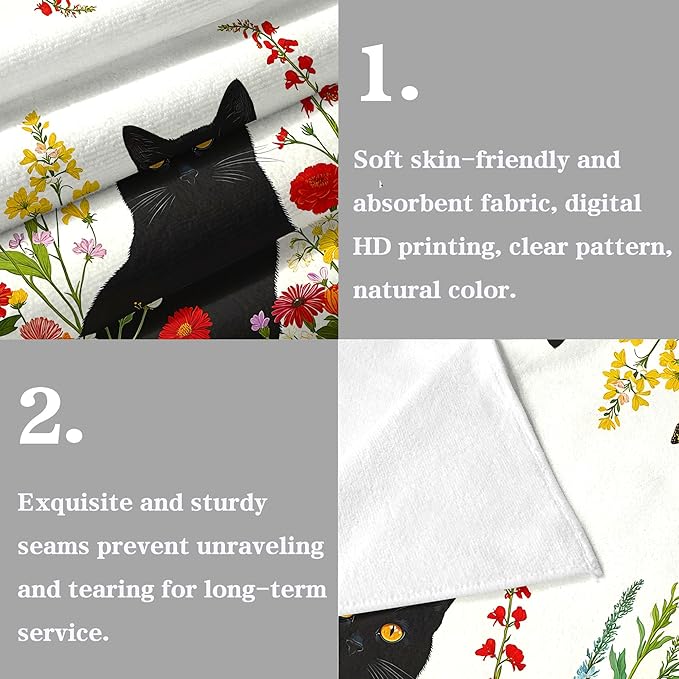 Accnicc 2 Pack Black Cat Bathroom Hand Towels Decorative Spring Floral Dish Kitchen Towel 16x27 Inch Botanical Colorful Wildflowers Butterfly Absorbent Soft Microfiber Bath Towels Hotel Spa Decor