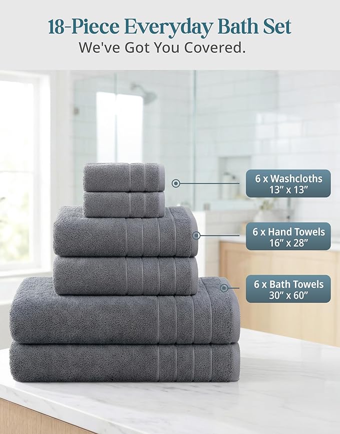 Casa Platino Cotton Towels Set for Bathroom - 18 Pc Family Pack - Super Soft & Quick Dry - 6 Bath, 6 Washcloth, 6 Hand Towels - Oeko TEX Certified, Machine Washable & Durable - Cool Grey