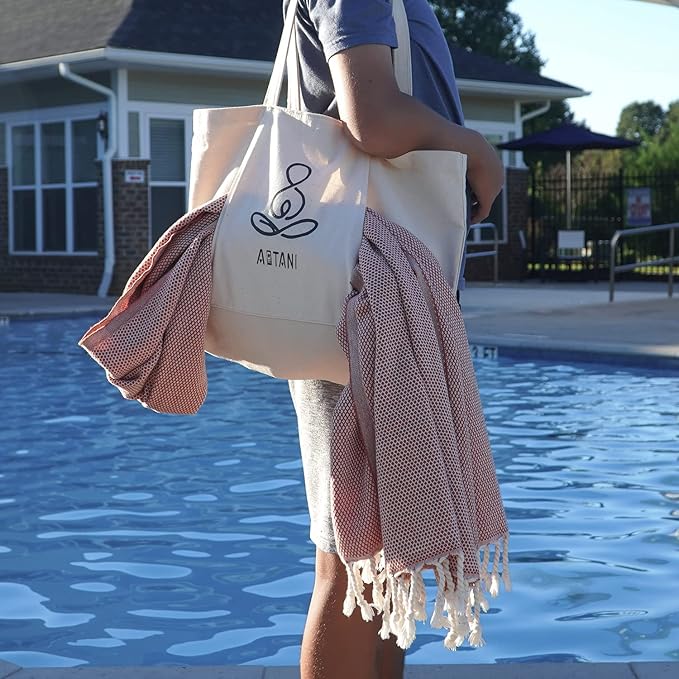 ATANI 69x35 in Oversized Turkish Beach Towel Set with Tote Bag – Quick-Dry 100% Turkish Cotton Peshtemal, Sand-Resistant, Lightweight for Shower, Travel, Pool, Yoga (Orange)