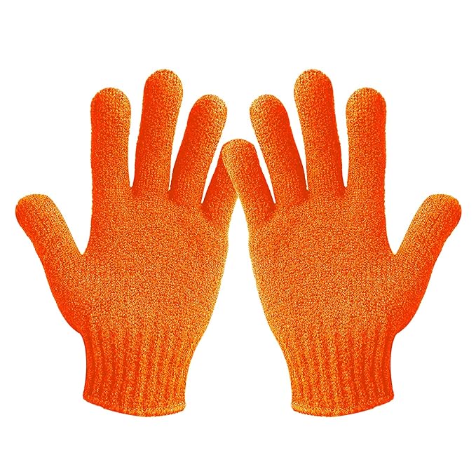 MIG4U Exfoliating Shower Gloves for Bath, Premium Nylon Body Wash Bathing Gloves for Men Women Spa, Massage and Skin Scrub, Dead Skin Remover with Hanging Loop, Orange, Regular Size