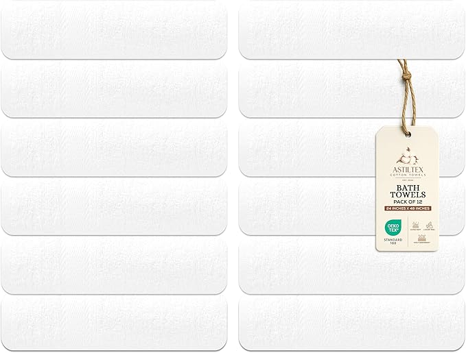 Medium Bath Towels Bulk Set of 12 – 100% Cotton Terry – 24" x 48" – Quick Dry, Soft & Highly Absorbent – White Towels for Bathroom, Gym, Spa, Pool & Daily Use