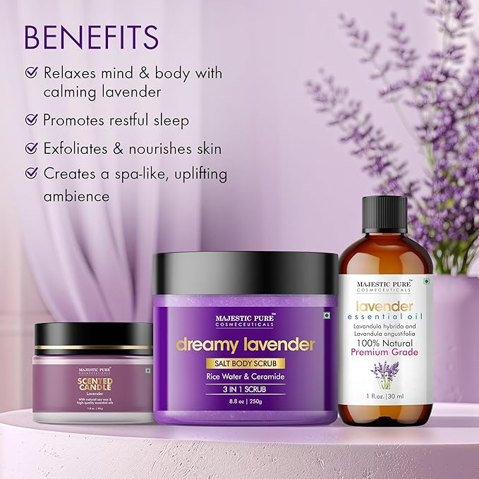 Majestic Pure Lavender Essential Oil & Body Scrub Set | 100% Pure & Natural Gift Set | Relaxing & Stress relief | pack of 3